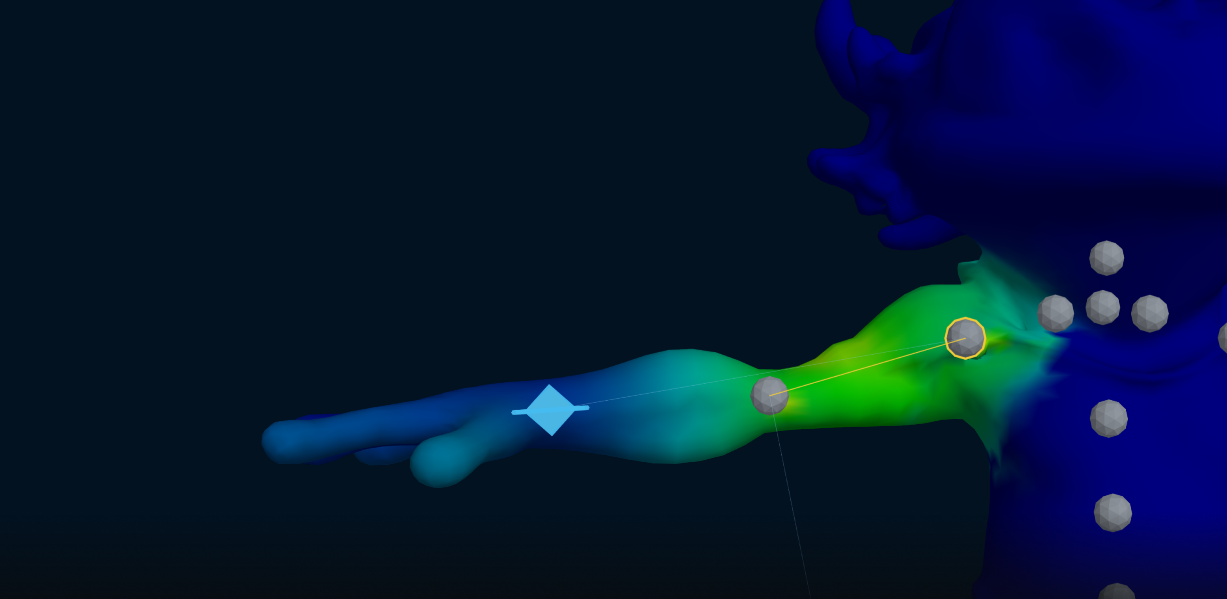Skin weight heat map and weight-painting controls for a selected arm joint