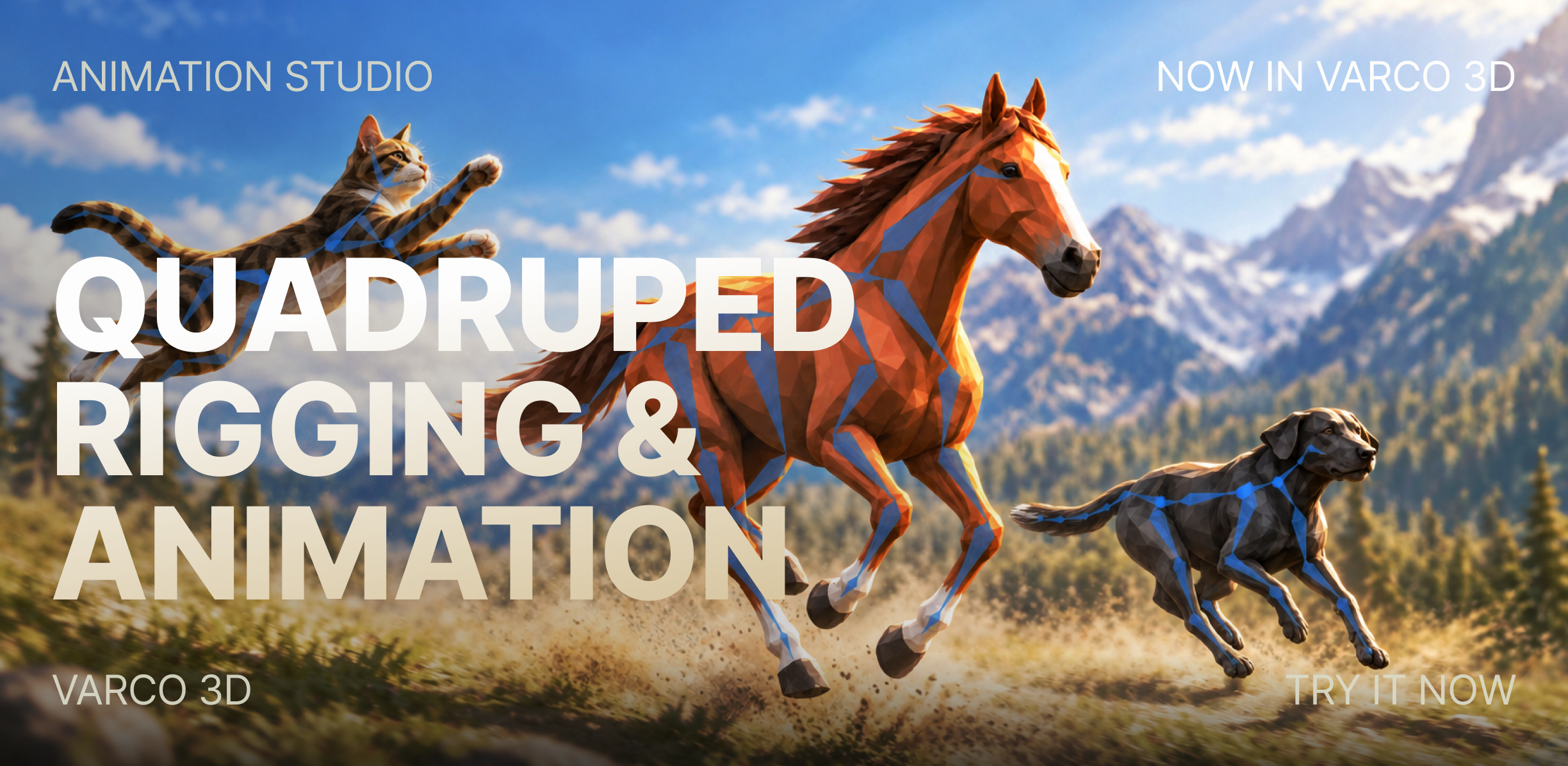 A horse, a cat, and a dog running with quadruped skeletons, under the headline Quadruped Rigging & Animation