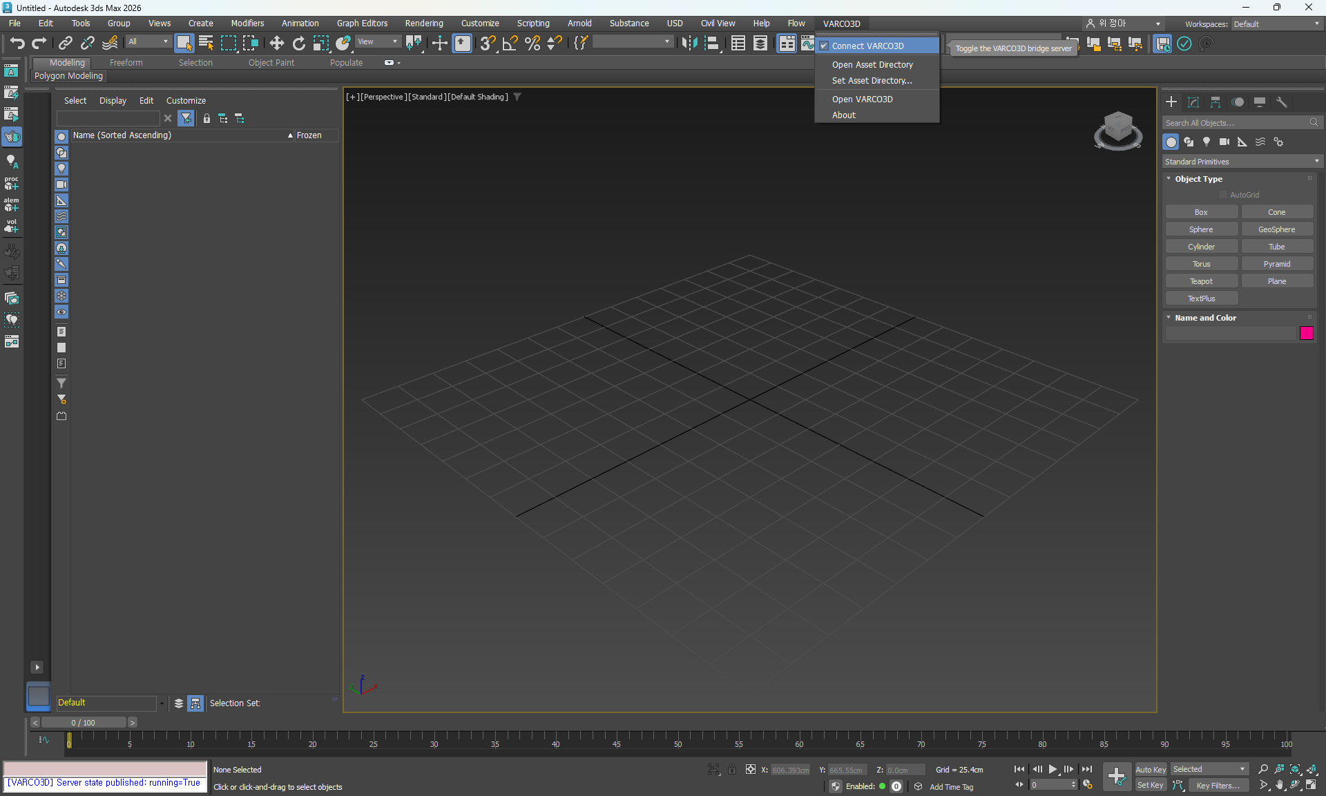 3ds Max 상단 메뉴 바의 VARCO3D 메뉴