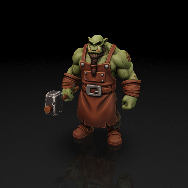 orc blacksmith with apron and hammer, stylized realism