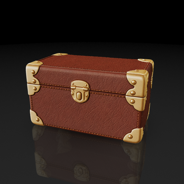 A leather chest with brass corners and dust-covered lid
