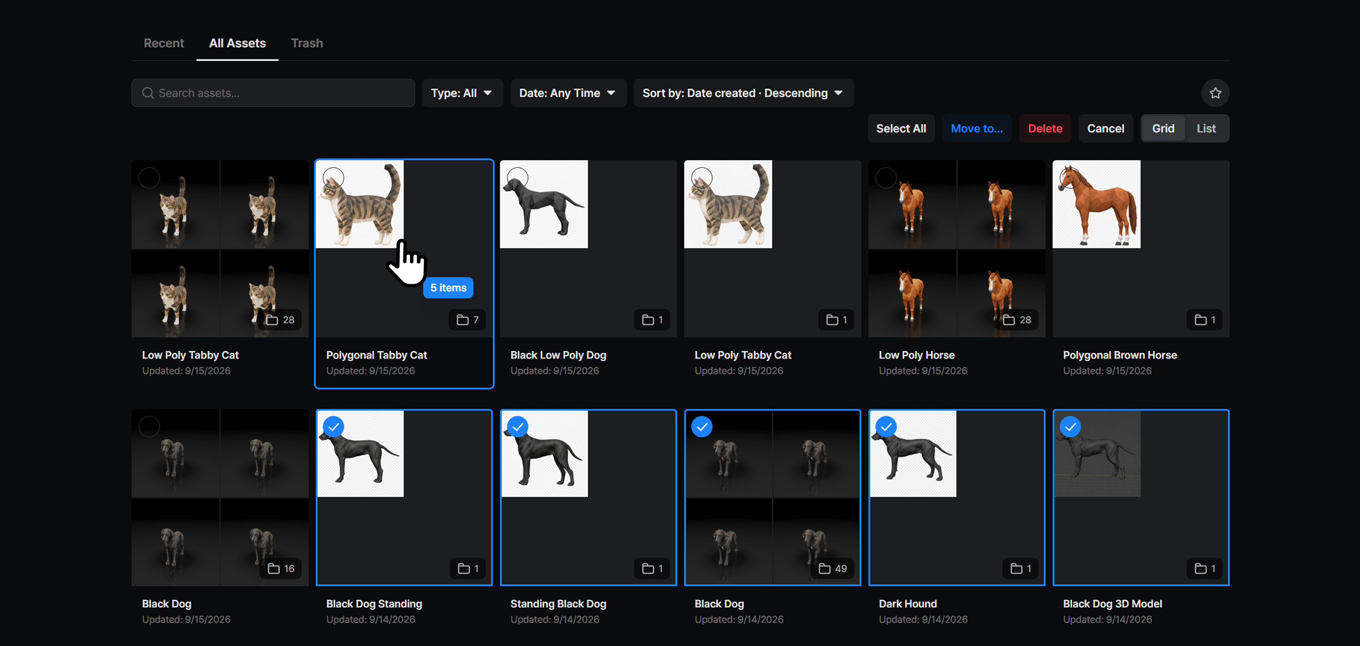 Five selected assets being dragged onto a folder in My Assets, with the Recent, All Assets, and Trash tabs above