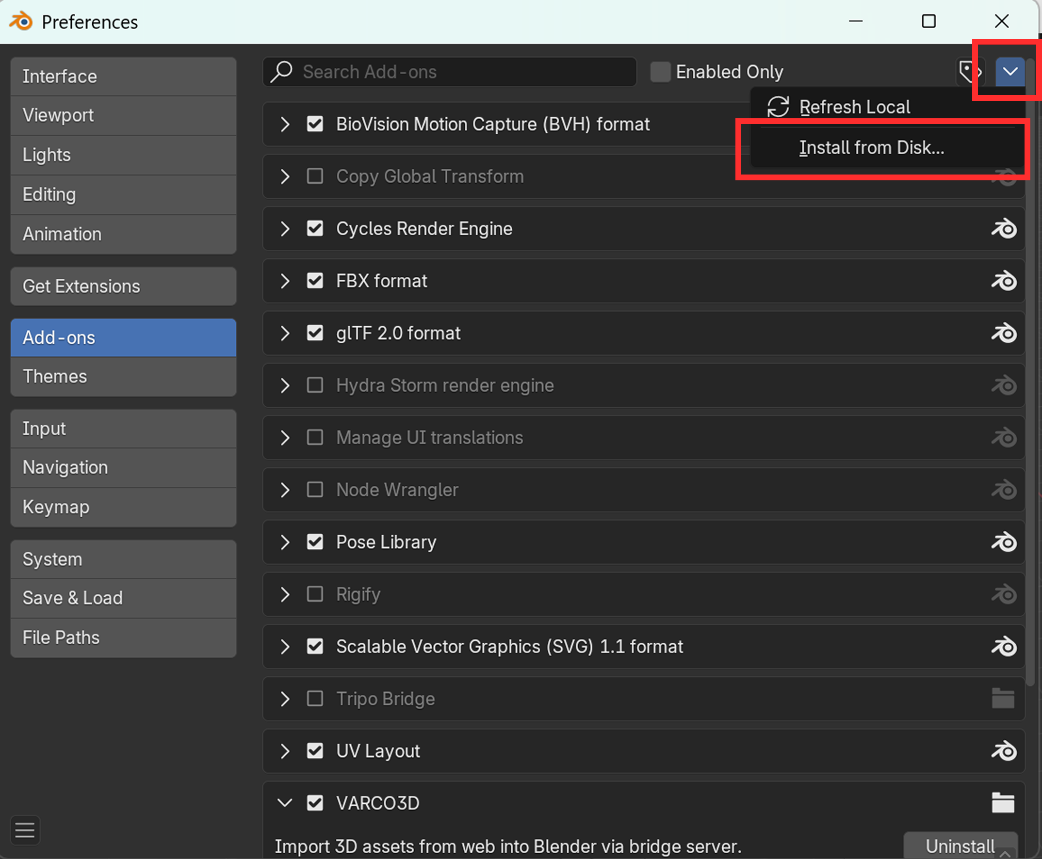 Open Add-ons and Install from Disk