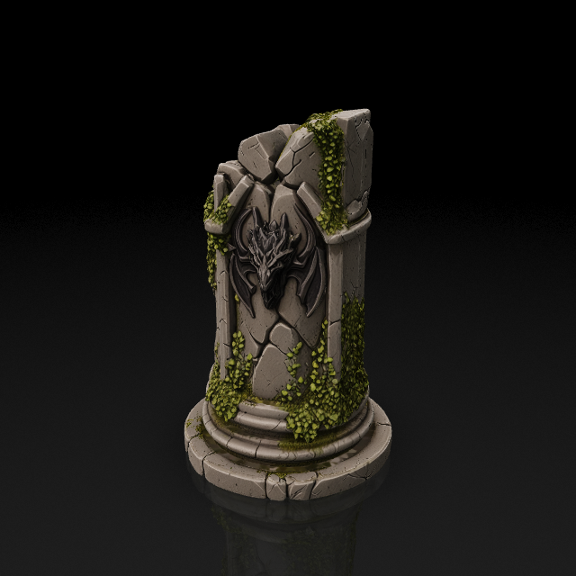 One big crumbling moss-covered columns on a round base, highly stylized in a Dungeons and Dragons style, with a large dark dragon head symbol