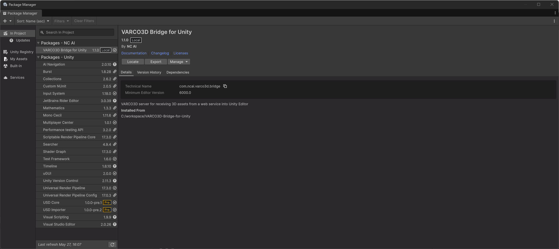 Confirm the plugin appears in Package Manager