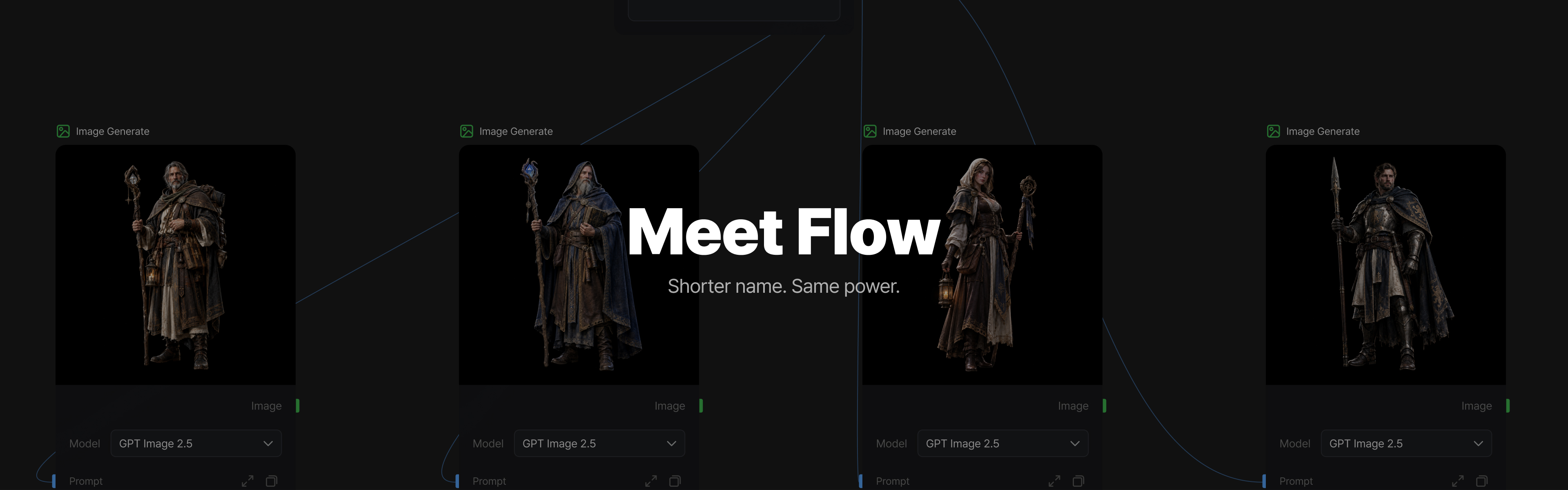 Four Image Generate nodes with fantasy characters on the Flow canvas, under the headline Meet Flow