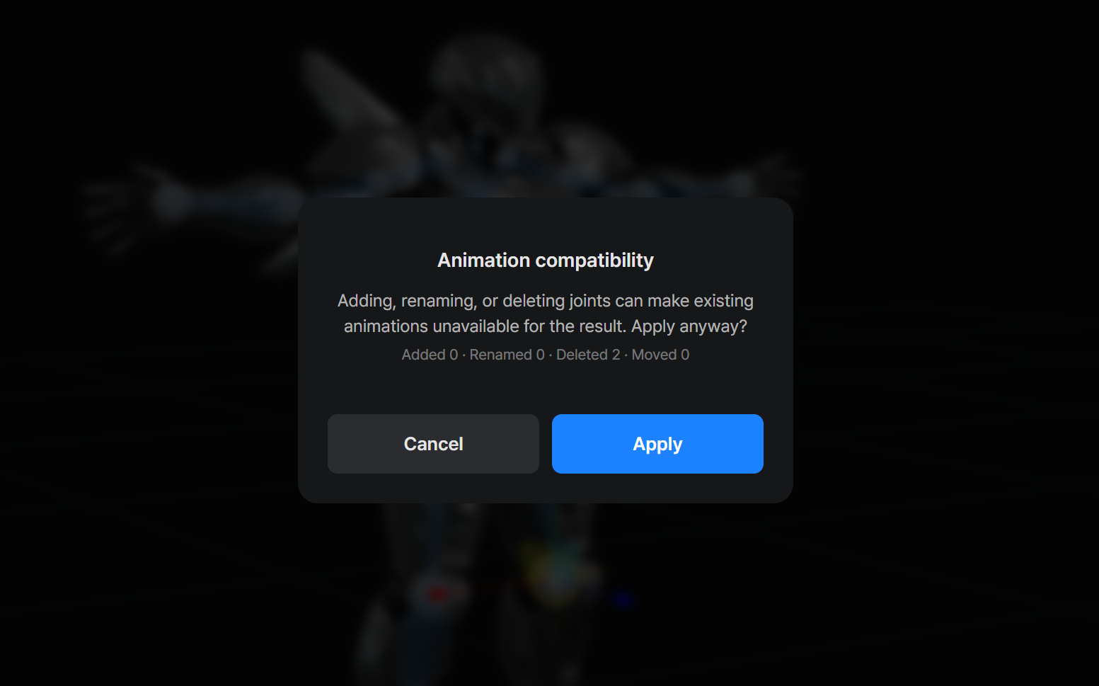 Animation compatibility warning shown after adding, renaming, or deleting a joint