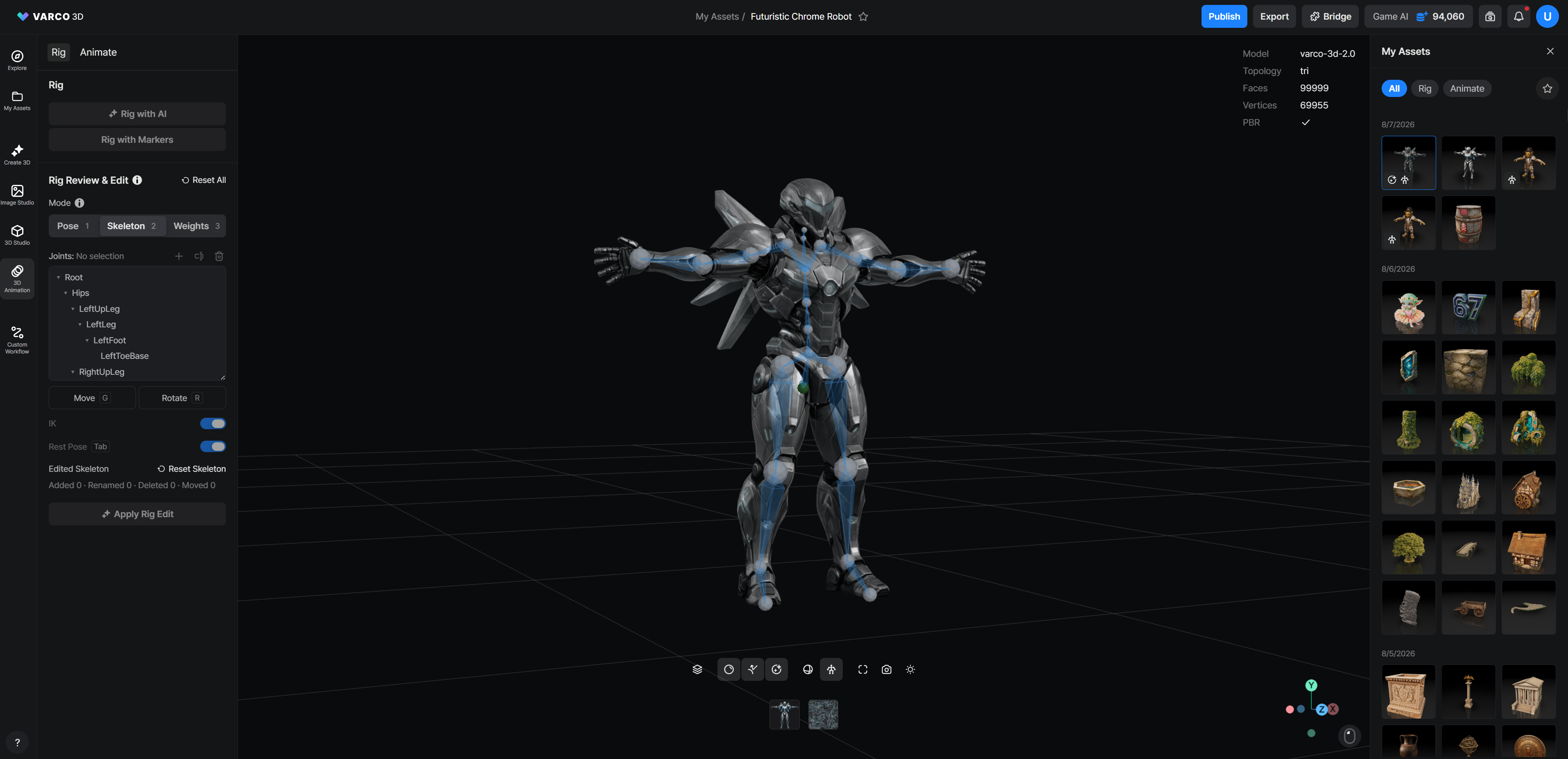 VARCO 3D Rig Editor showing Pose, Skeleton, and Weights modes for an AI-rigged asset