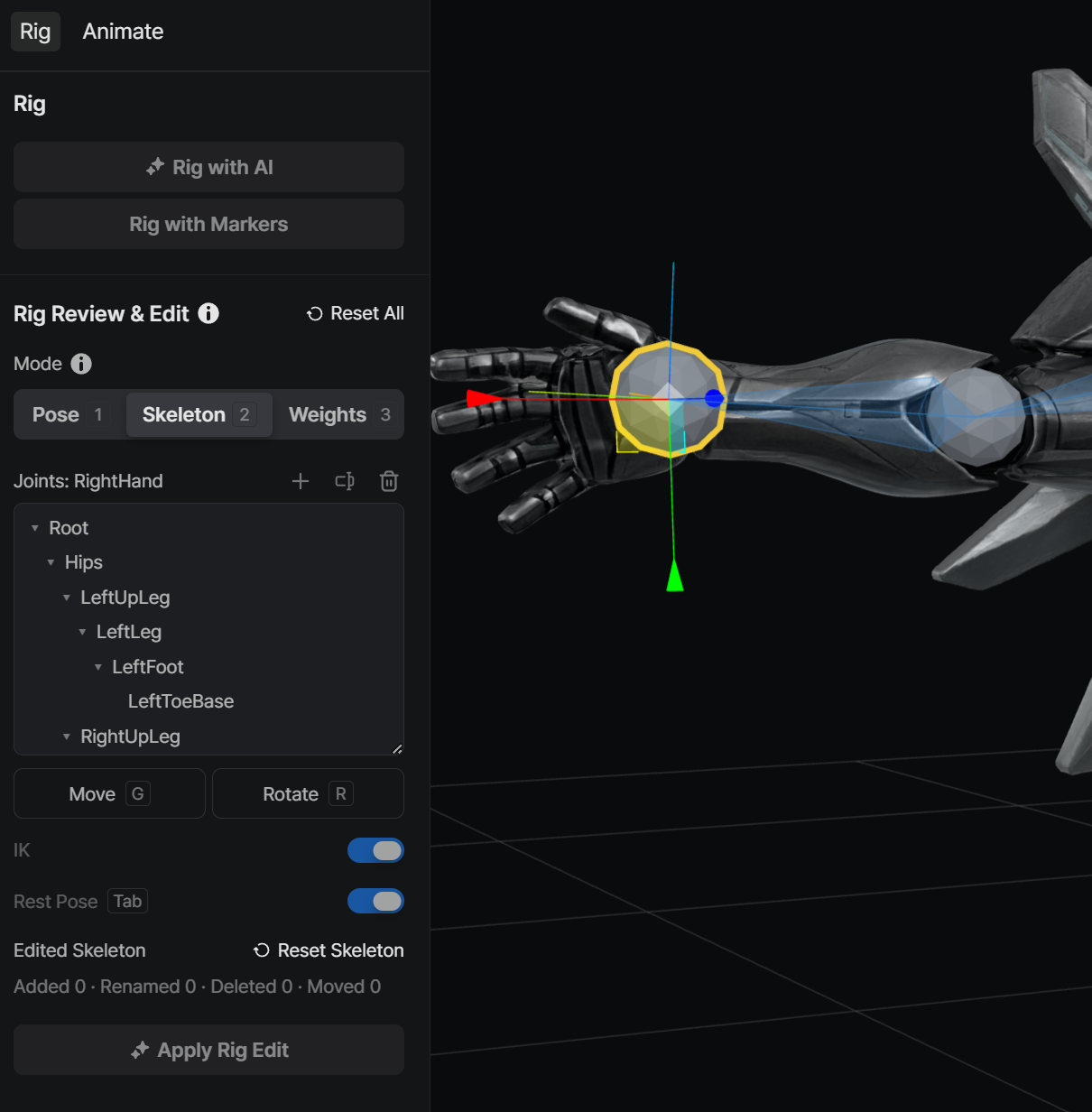 Skeleton joint placement after editing in Rig Editor