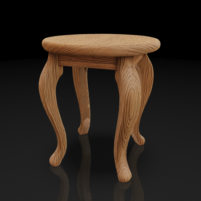 A wooden stool with carved legs and worn seat